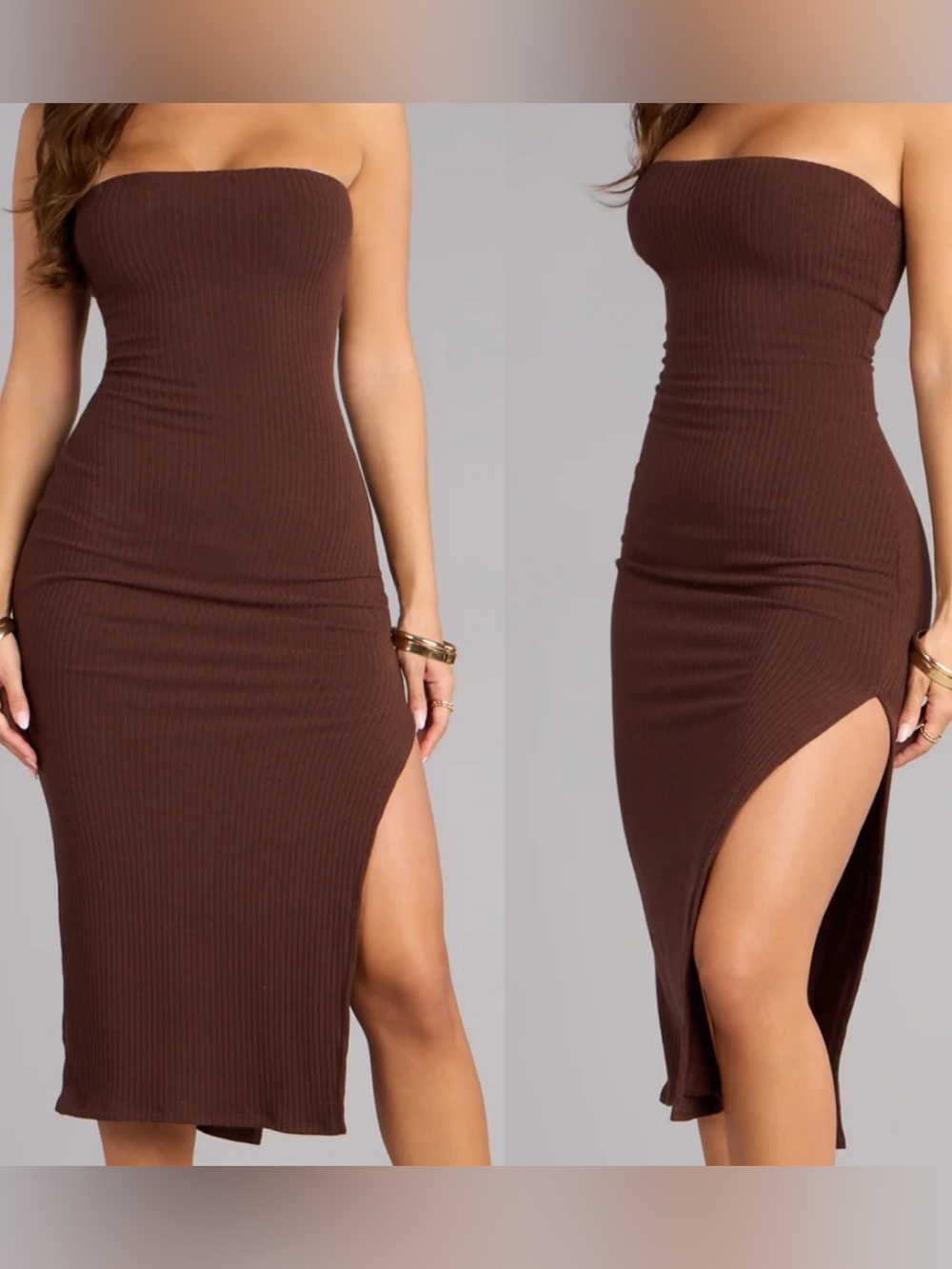 . Windsor Brown Ribbed Strapless Bodycon Side Slit Midi Dress